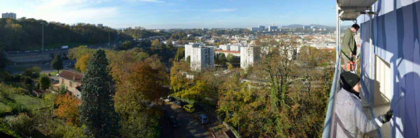 Photo panoramique fresque murale Valbonnière Lyon – reportage suivi de chantier Vilogia