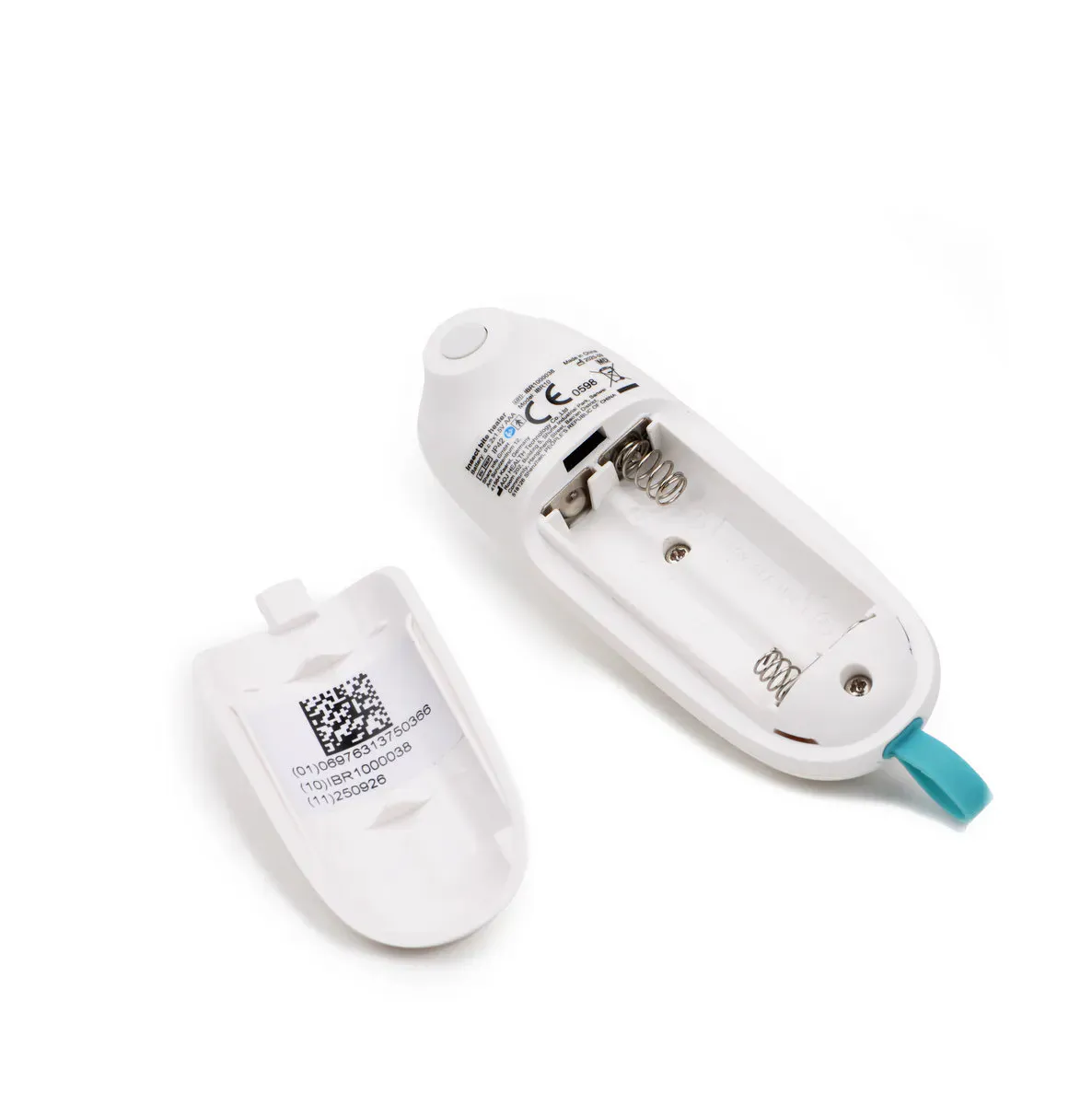 Packshot appareil apaisant piqûre d'insecte sur fond blanc – vue de dos boîtier pile ouvert – photographie produit e-commerce