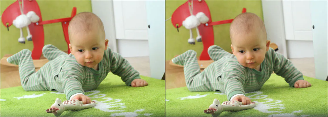 Photo en relief VR180 d'un bébé jouant sur un tapis, à regarder dans un casque de réalité virtuelle
