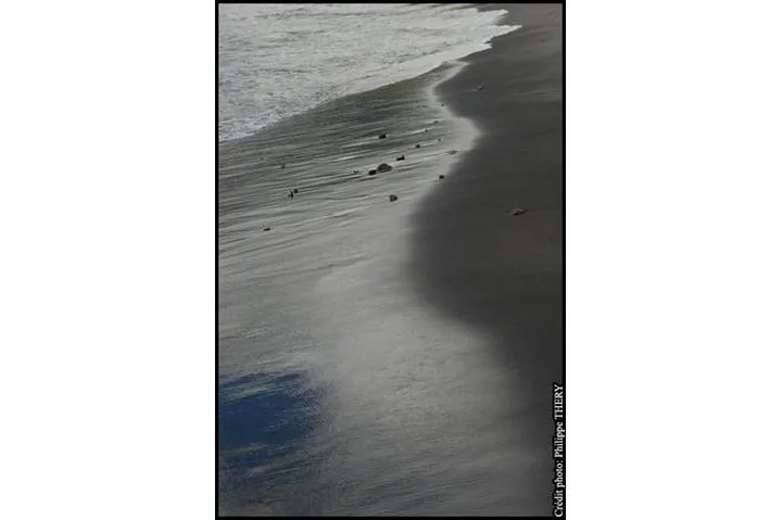 Détail d'une plage de sable noir, Martinique