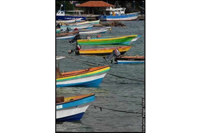 bateau de pecheurs ancr�s color� mer des caraibes la Martinique